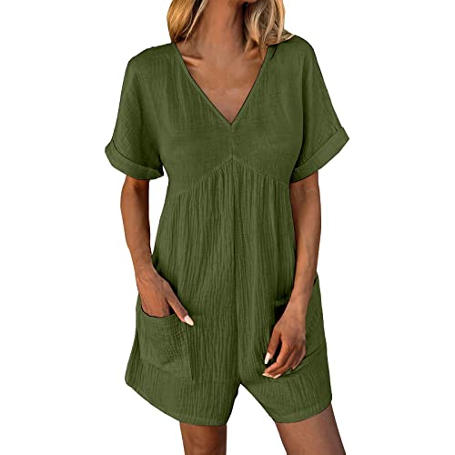 Liyuera Jumpsuit Damen mit Taschen, V-Ausschnitt Kurzarm Locker Lässige Baumwolle und Leinen Romper, Einfarbig Sommer Overall Playsuit, Kurz Hosen, S-2XL von Liyuera