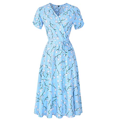 Sommerkleid Damen mit Gürtel 2023, V-Ausschnitt Kurzarm Hohe Taille Wickelkleider, Blümchen Rüschen Flowy Knielang Sommer Kleider, A-Line Vestidos Verano Mujer von Liyuera