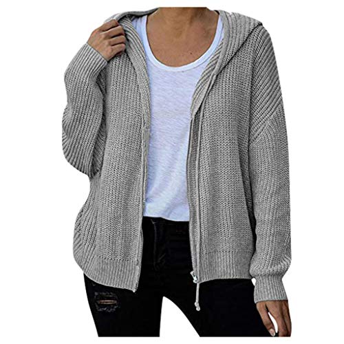 Strickjacke Cardigan Damen Jackengestrickte Kapuzen-Pulli Damen-Cardigan-Reißverschluss Big Big Pulli Leichter Elegante Schulterjacke Top (Grey, XL) von Liyuera