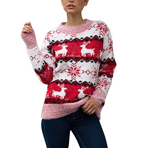 Strickjacke Damen Pullover Damen Winter Damen Pullover mit Laternenärmeln, Weihnachten, Schneeflocke, Fawn-Muster, lässiger Strickpullover mit Rundhalsausschnitt Große Größen Damen Pullover (Red, S) von Liyuera