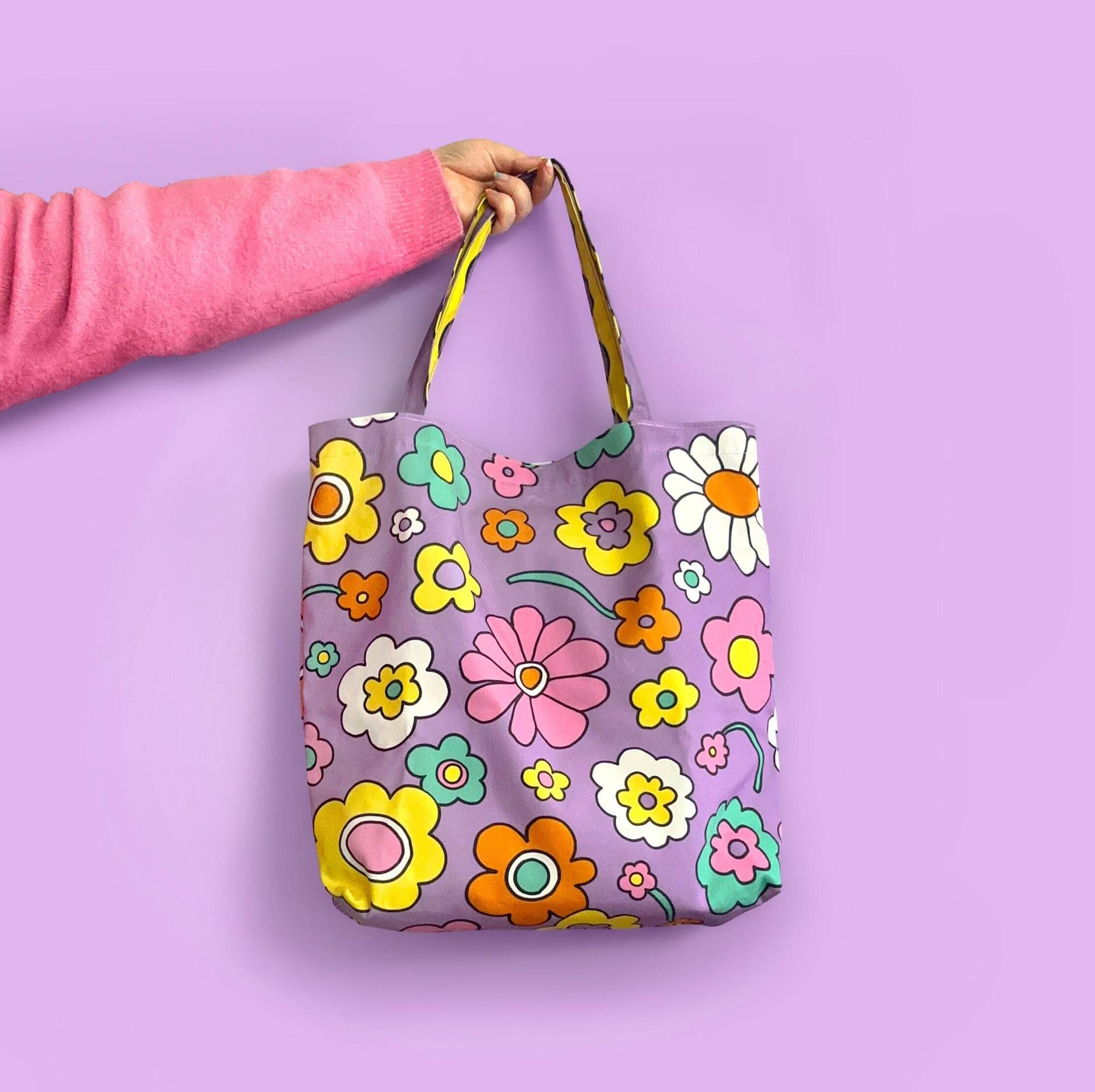 Lilac Y2K 90S Style Multi-Color Bunte Blumen Canvas-Einkaufstasche Mit Wasserdichtem Futter Lilac Y2K 90S Style Multi-Color Bunte Blumen Canvas-Einkaufstasche Mit Wasserdichtem Futter von LizHarry