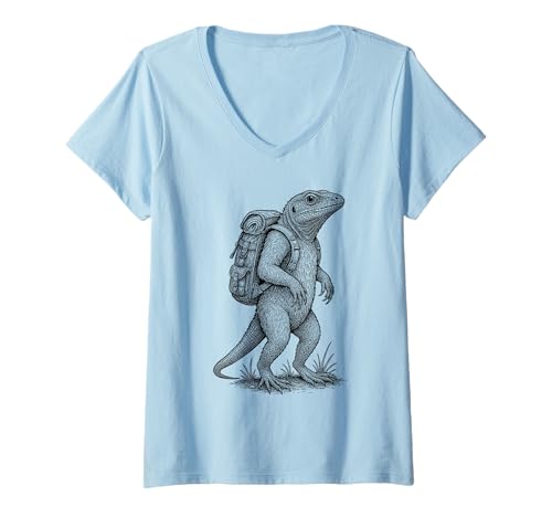 Damen Wandern Eidechse Rucksackreisen Lustig Leguan Wildnis Reptil T-Shirt mit V-Ausschnitt Damen Wandern Eidechse Rucksackreisen Lustig Leguan Wildnis Reptil T-Shirt mit V-Ausschnitt von Lizard Iguanas Hiker Trekking Cottagecore Merch.