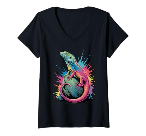 Damen Bunte Eidechse Poster Stil Farbspritzer Kunst Grafik T-Shirt mit V-Ausschnitt Damen Bunte Eidechse Poster Stil Farbspritzer Kunst Grafik T-Shirt mit V-Ausschnitt von Lizard Lover Apparel & Arts