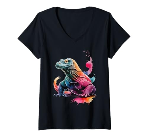 Damen Bunte Kunst Grafik Komodo Drache Poster Stil Farbe T-Shirt mit V-Ausschnitt Damen Bunte Kunst Grafik Komodo Drache Poster Stil Farbe T-Shirt mit V-Ausschnitt von Lizard Lover Apparel & Arts