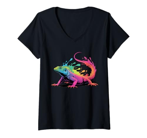 Damen Eidechse Poster Stil Bunte Farbspritzer Kunst Grafik T-Shirt mit V-Ausschnitt Damen Eidechse Poster Stil Bunte Farbspritzer Kunst Grafik T-Shirt mit V-Ausschnitt von Lizard Lover Apparel & Arts