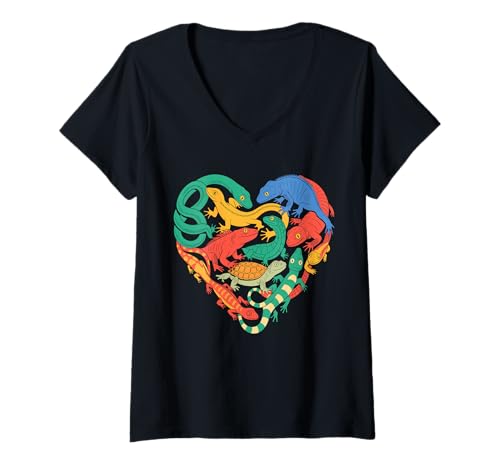 Damen Coole Eidechsen-Kunst Männer Frauen Herpetologie Reptilienliebhaber T-Shirt mit V-Ausschnitt Damen Coole Eidechsen-Kunst Männer Frauen Herpetologie Reptilienliebhaber T-Shirt mit V-Ausschnitt von Lizard Reptile Heart