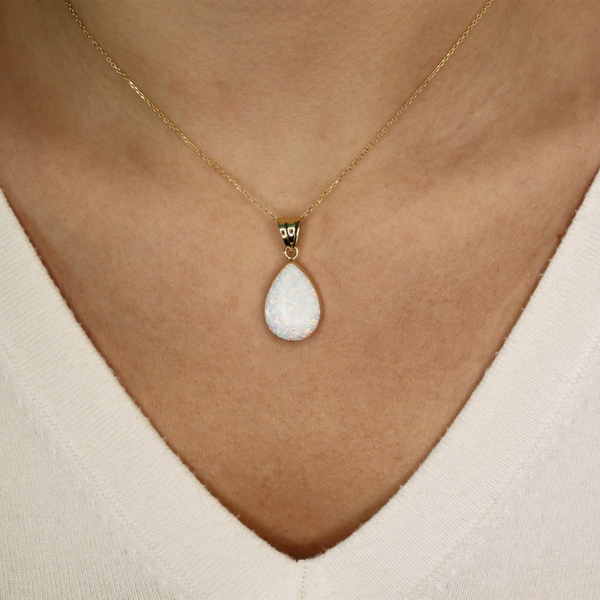 Opal Halskette 14K Solid Gold Weiß Wassertropfen Anhänger Teardrop Edelstein Schmuck Weihnachtsgeschenk Für Sie von LizdorJewelry