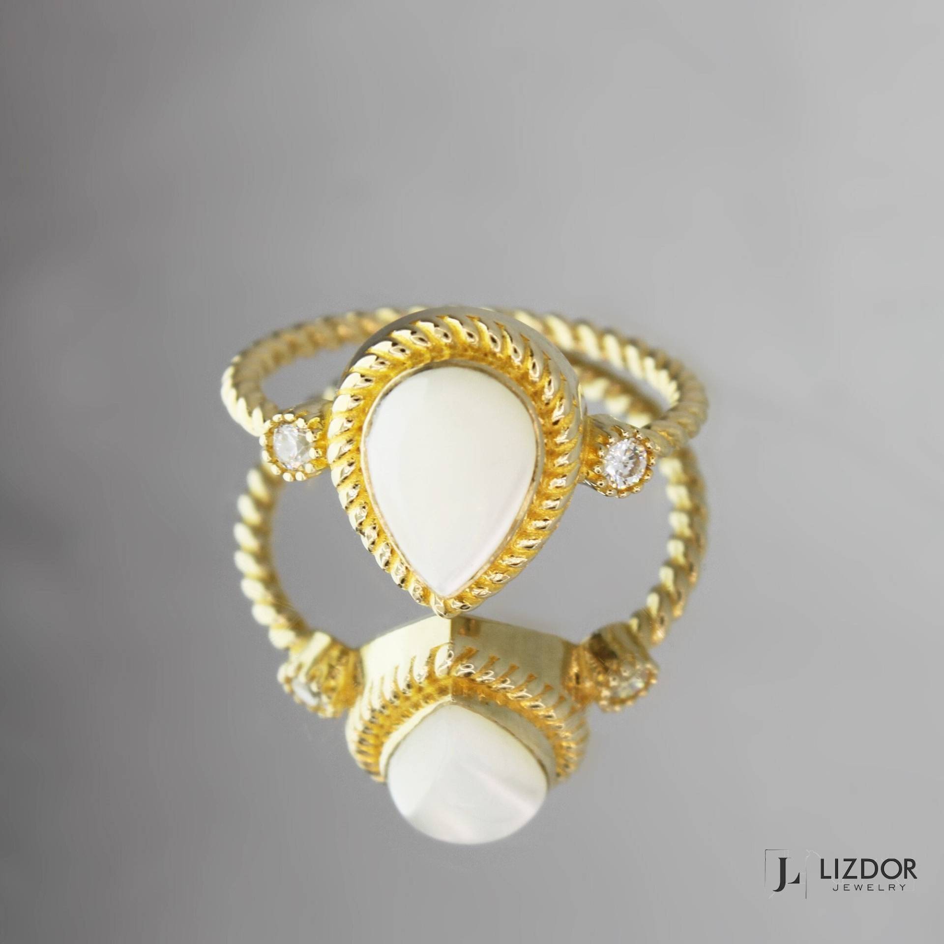 Perlmutt Ring 14K Gold Tropfen Ehering Vintage Stil Schmuck Echte Jahrestag Geschenk von LizdorJewelry