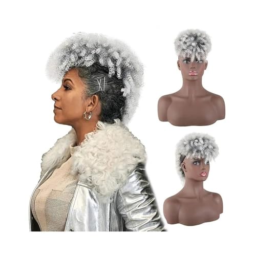 Damen Afro High Puff Bun Mohawk Pferdeschwanz mit Pony Kurze verworrene lockige Pferdeschwanz-Haarteile for schwarze Frauen Täglich(1BTGrey) von Lizhuzhuzs28