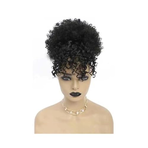 Damen Synthetischer, kurzer, krauses, lockiges Pferdeschwanz mit Kordelzug und Pony, Clip-in-Afro-Haarteil mit hohem Puff-Dutt Täglich(1B) von Lizhuzhuzs28