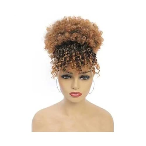 Damen Synthetischer, kurzer, krauses, lockiges Pferdeschwanz mit Kordelzug und Pony, Clip-in-Afro-Haarteil mit hohem Puff-Dutt Täglich(1BT30) von Lizhuzhuzs28