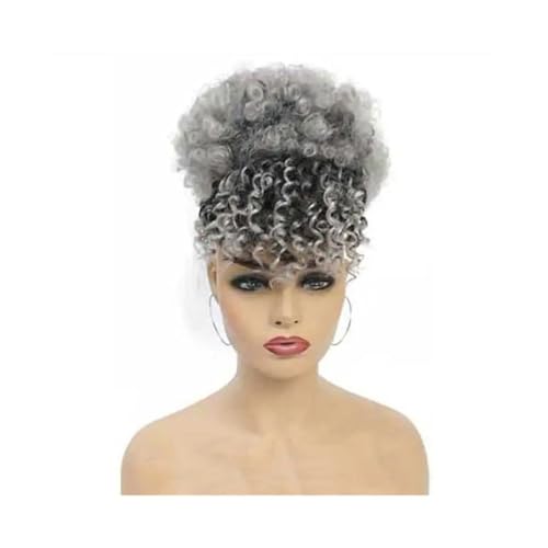 Damen Synthetischer, kurzer, krauses, lockiges Pferdeschwanz mit Kordelzug und Pony, Clip-in-Afro-Haarteil mit hohem Puff-Dutt Täglich(1BTgrey) von Lizhuzhuzs28