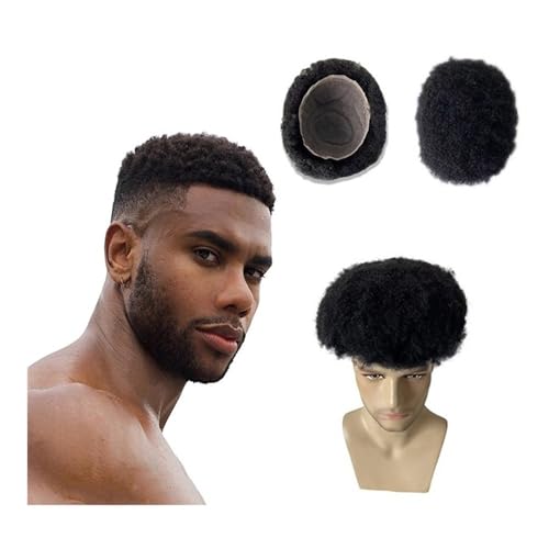 Ersatzperücke Afro Kinky Curly Toupet for schwarze Männer 8"x10" Volle Spitze Basis Doppelknoten Männer Kapillarprothese Täglich(1#,4mm curly) von Lizhuzhuzs28