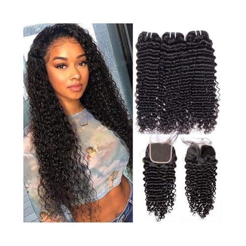 Frauen Lockige Bündel mit 4×4-Verschluss, tief gewellte malaysische Echthaar-Extensions, 3 Bündel mit Spitzenverschluss Haarteil Extensions(20+22+24+Closure 18) von Lizhuzhuzs28