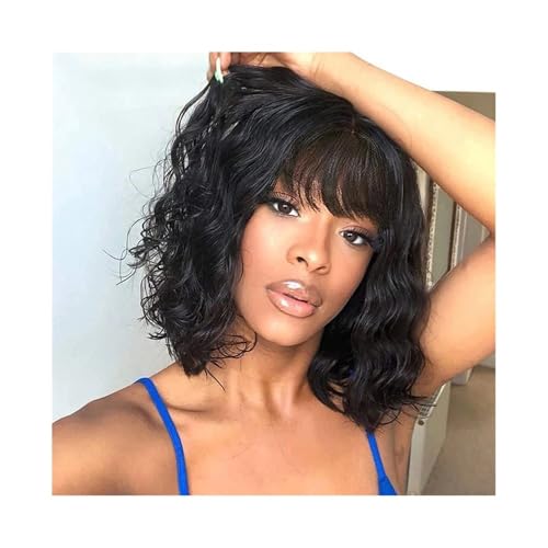 Haarteile Kurze Bob-Perücke, gewellt, Echthaarperücke mit Pony, komplett maschinengefertigt for schwarze Frauen Perücken von Lizhuzhuzs28