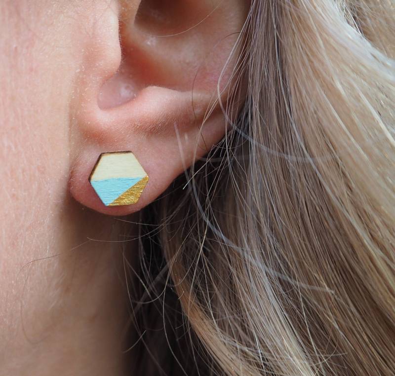 Ohrstecker Holz Eckig Gold/ Mint von LizoAccessoires