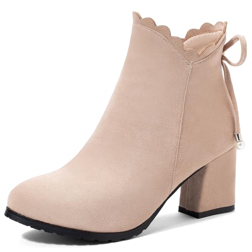 Lizoleor Blockabsatz Concise Wildleder Runde Zehen Damen Stiefeletten Side Reißverschluss Elegant Abend Arbeit Kurz Kleid Stiefeletten Beige Gr 36.5 EU/37Cn von Lizoleor