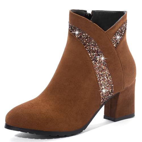 Lizoleor Blockabsatz Concise Wildleder Runde Zehen Damen Stiefeletten Side Reißverschluss Elegant Abend Arbeit Kurz Kleid Stiefeletten Braun Gr 43 EU/45Cn von Lizoleor