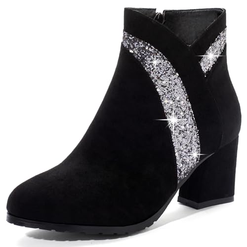 Lizoleor Blockabsatz Concise Wildleder Runde Zehen Damen Stiefeletten Side Reißverschluss Elegant Abend Arbeit Kurz Kleid Stiefeletten Schwarz Gr 32 EU von Lizoleor