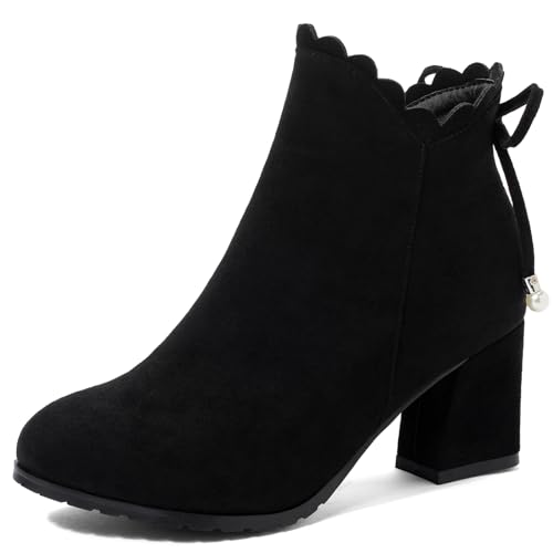 Lizoleor Blockabsatz Concise Wildleder Runde Zehen Damen Stiefeletten Side Reißverschluss Elegant Abend Arbeit Kurz Kleid Stiefeletten Schwarz Gr 35 EU von Lizoleor