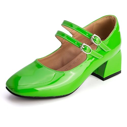 Lizoleor Blockabsatz Knöchelriemchen Mary Jane Lack Damen Schuhe Square Toe Schnalle Concise Solid Color Sommer Kleid Pumps Grün Gr 48 EU/50Cn von Lizoleor