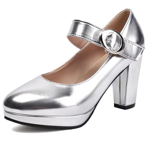 Lizoleor Blockabsatz Knöchelriemchen Mary Jane Shiny Damen Brautschuhe Runde Zehen Plateau Schnalle Shiny Hochzeit Elegant Party Pumps Silber Gr 39 EU/40Cn von Lizoleor