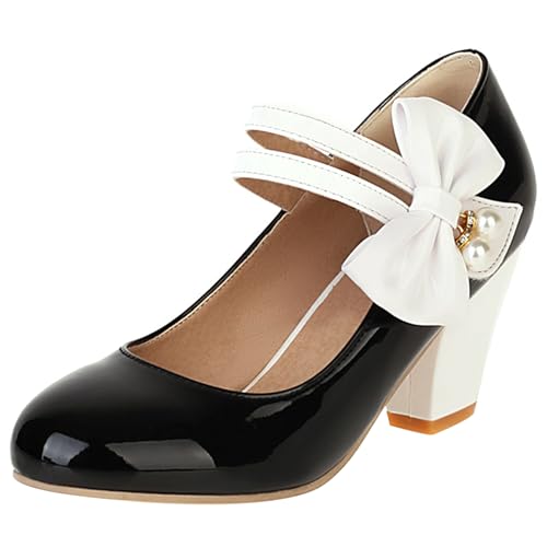 Lizoleor Blockabsatz Knöchelriemchen Mary Jane Sweet Bogen Damen Schuhe Mode Höhe Ferse Runde Zehen Party Lovely Bridal Abendschuhe Schwarz Gr 40 EU/41Cn von Lizoleor