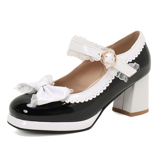 Lizoleor Blockabsatz Lolita Square Toe Mary Jane Lovely Damen Schuhe Klassischer Knöchelriemchen Weit Fit Sweet Bogen Girl Schuhe Plateau Schwarz Gr 44 EU/46Cn von Lizoleor