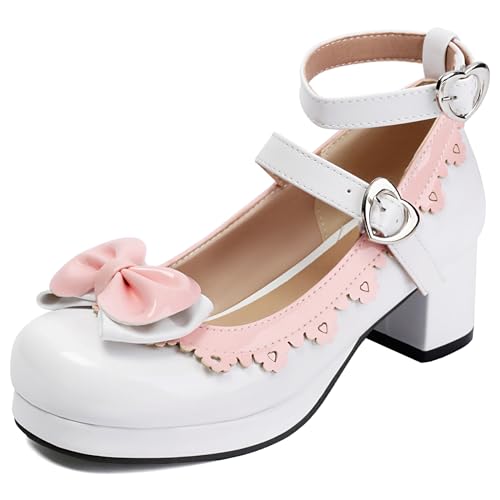 Lizoleor Blockabsatz Lovely Bogen Mary Jane Square Toe Damen Schuhe Knöchelriemchen Schnalle Mitte Absatz Ruffles Plateau Princess Pumps Weiß Gr 41 EU/43Cn von Lizoleor