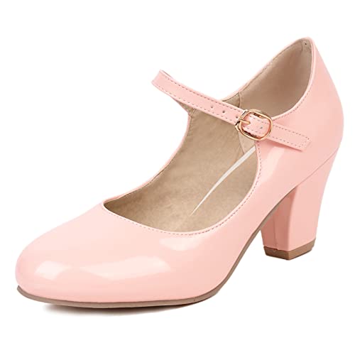 Lizoleor Blockabsatz Mary Jane Party Damen Knöchelriemchen Brautschuhe Höhe Ferse Closed Toe Elegant Party Lack Pumps Schnalle Pink Gr 46 EU/48Cn von Lizoleor