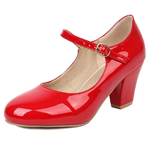 Lizoleor Blockabsatz Mary Jane Party Damen Knöchelriemchen Brautschuhe Höhe Ferse Closed Toe Elegant Party Lack Pumps Schnalle Rot Gr 42 EU/44Cn von Lizoleor