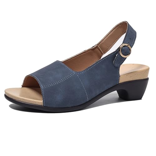 Lizoleor Blockabsatz Offene Zeh Retro Romisch Slingback Damensandalen Back Strap Schnalle Mitte Absatz Runde Zehen Plateau Leisure Blau Gr 36.5 EU/37Cn von Lizoleor