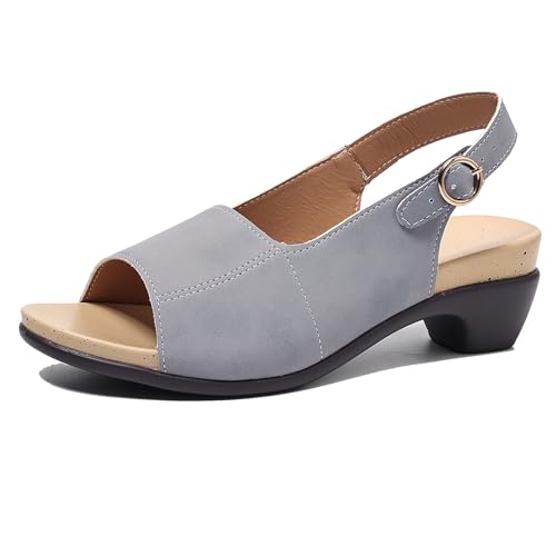 Lizoleor Blockabsatz Offene Zeh Retro Romisch Slingback Damensandalen Back Strap Schnalle Mitte Absatz Runde Zehen Plateau Leisure Grau Gr 38 EU/39Cn von Lizoleor