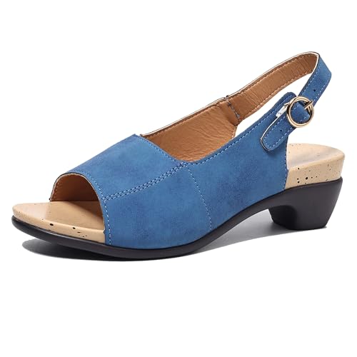 Lizoleor Blockabsatz Offene Zeh Retro Romisch Slingback Damensandalen Back Strap Schnalle Mitte Absatz Runde Zehen Plateau Leisure Light-Blau Gr 36.5 EU/37Cn von Lizoleor