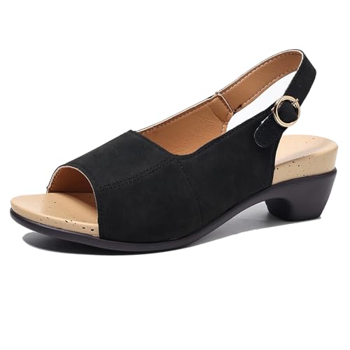Lizoleor Blockabsatz Offene Zeh Retro Romisch Slingback Damensandalen Back Strap Schnalle Mitte Absatz Runde Zehen Plateau Leisure Schwarz Gr 36.5 EU/37Cn von Lizoleor