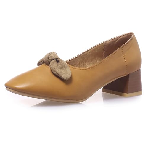 Lizoleor Blockabsatz Ohne Verschluss Damen Pump Square Toe Leisure Weit Fit Klassische Mid Chunky Heel Concise Arbeit Schuhe Gelb Gr 36.5 EU/37Cn von Lizoleor