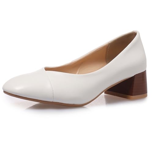 Lizoleor Blockabsatz Ohne Verschluss Damen Pump Square Toe Leisure Weit Fit Klassische Mid Chunky Heel Concise Arbeit Schuhe Weiß Gr 36.5 EU/37Cn von Lizoleor