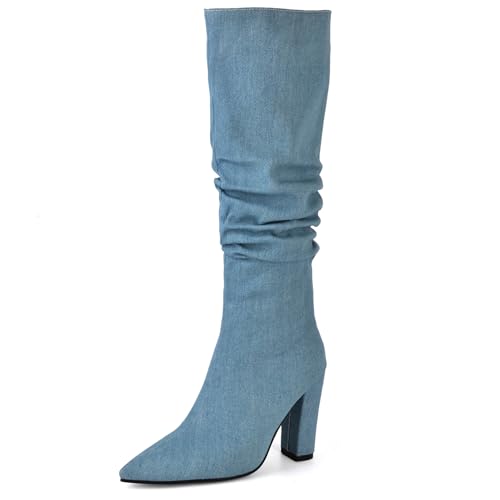 Lizoleor Blockabsatz Ohne Verschluss Stylish Damen Long Lockere Stiefel Pointed Toe Pleated Elegant Heel Mode Knee Stiefel Lightblau-Rl Gr 40.5 EU/42Cn von Lizoleor