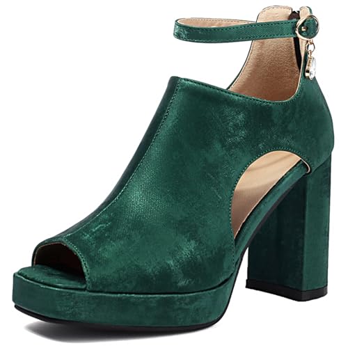 Lizoleor Blockabsatz Peep Toe Plateau Damen Römersandalens Back Reißverschluss High Chunky Heel Square Toe Schnalle Sommer Gladiator Grün Gr 45 EU/47Cn von Lizoleor