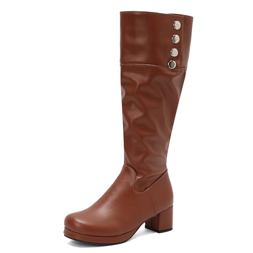 Lizoleor Blockabsatz Plateau Damen Knee Hohe Stiefel Side Reißverschluss Elegant Komfort Mitte Absatz Runde Zehen Herbst Anzugstiefel Braun Gr 48 EU/50Cn von Lizoleor