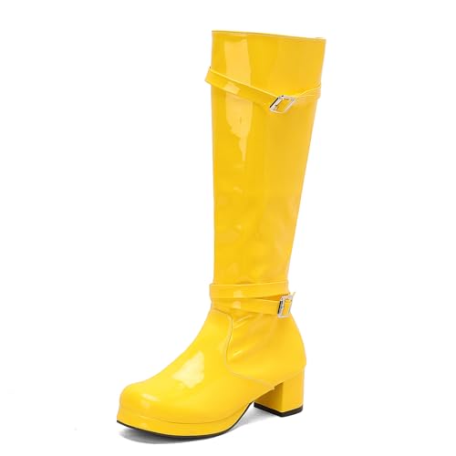 Lizoleor Blockabsatz Plateau Damen Knee Hohe Stiefel Side Reißverschluss Elegant Komfort Mitte Absatz Runde Zehen Herbst Anzugstiefel Gelb Gr 48 EU/50Cn von Lizoleor
