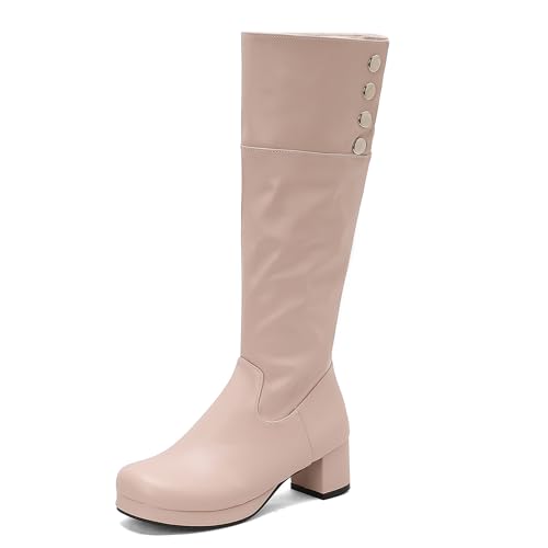 Lizoleor Blockabsatz Plateau Damen Knee Hohe Stiefel Side Reißverschluss Elegant Komfort Mitte Absatz Runde Zehen Herbst Anzugstiefel Pink Gr 48 EU/50Cn von Lizoleor