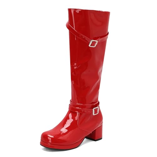Lizoleor Blockabsatz Plateau Damen Knee Hohe Stiefel Side Reißverschluss Elegant Komfort Mitte Absatz Runde Zehen Herbst Anzugstiefel Rot Gr 39 EU/40Cn von Lizoleor