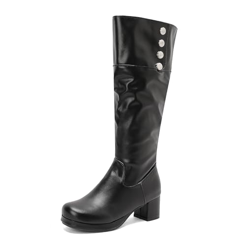 Lizoleor Blockabsatz Plateau Damen Knee Hohe Stiefel Side Reißverschluss Elegant Komfort Mitte Absatz Runde Zehen Herbst Anzugstiefel Schwarz Gr 38 EU/39Cn von Lizoleor