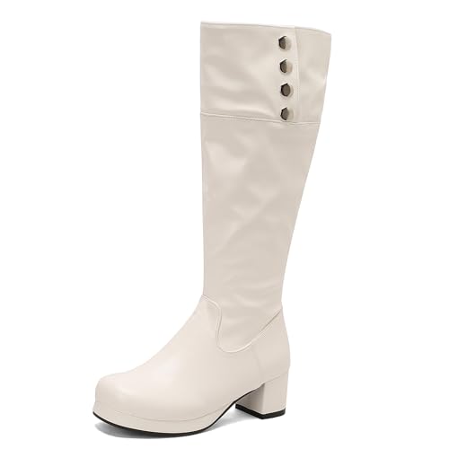 Lizoleor Blockabsatz Plateau Damen Knee Hohe Stiefel Side Reißverschluss Elegant Komfort Mitte Absatz Runde Zehen Herbst Anzugstiefel Weiß Gr 48 EU/50Cn von Lizoleor