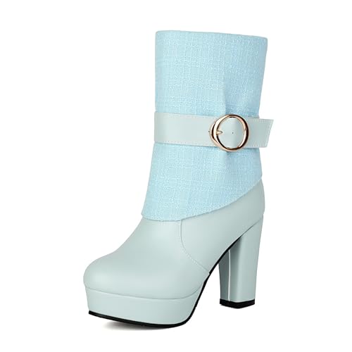 Lizoleor Blockabsatz Plateau Runde Zehen Damen Stiefeletten Side Reißverschluss Schnalle Cloth Splicing Kurz Reitstiefel Blau Gr 44 EU/46Cn von Lizoleor