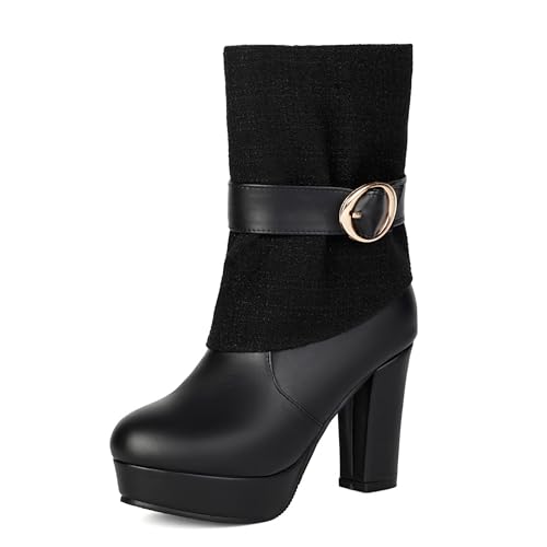 Lizoleor Blockabsatz Plateau Runde Zehen Damen Stiefeletten Side Reißverschluss Schnalle Cloth Splicing Kurz Reitstiefel Schwarz Gr 43 EU/45Cn von Lizoleor