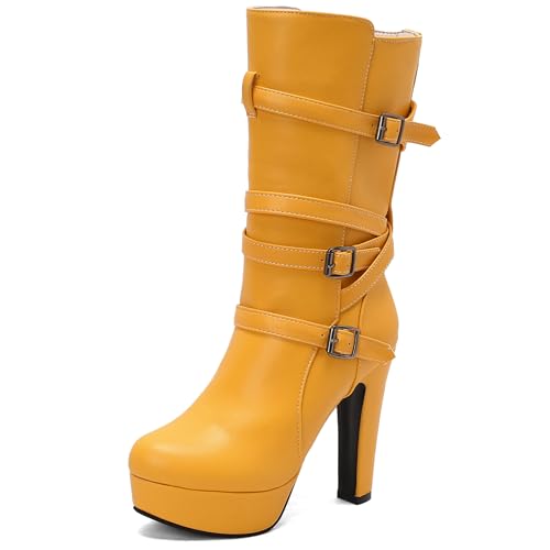 Lizoleor Blockabsatz Plateau Runde Zehen Ohne Verschluss Damen Hohe Stiefel Super Höhe Ferse Schnalle Solid Color Mode Reitstiefel Gelb Gr 44 EU/46Cn von Lizoleor