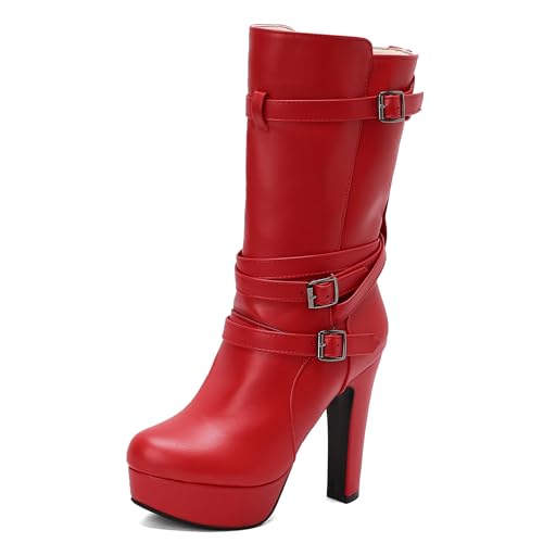 Lizoleor Blockabsatz Plateau Runde Zehen Ohne Verschluss Damen Hohe Stiefel Super Höhe Ferse Schnalle Solid Color Mode Reitstiefel Rot Gr 47 EU/49Cn von Lizoleor