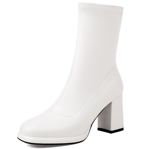 Lizoleor Blockabsatz Plateau Wonen Kleid Boots Square Toe Concise Höhe Ferse Weit Fit Stretch Ohne Verschluss Reißverschluss Stiefeletten Weiß Gr 46 EU/48Cn von Lizoleor
